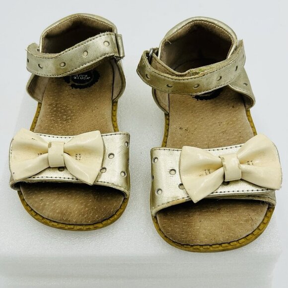 Livie And Luca Girls Gold Mary Jane Sandal Cream Bow Leather Size 8 Toddler - Picture 1 of 9